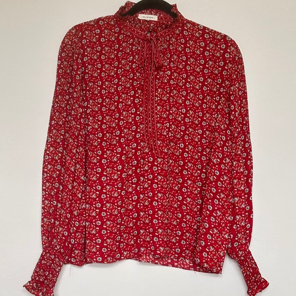 Max Studio Red Floral Pleated Neck Tie Blouse XS Balloon Sleeve Smocked Cuff